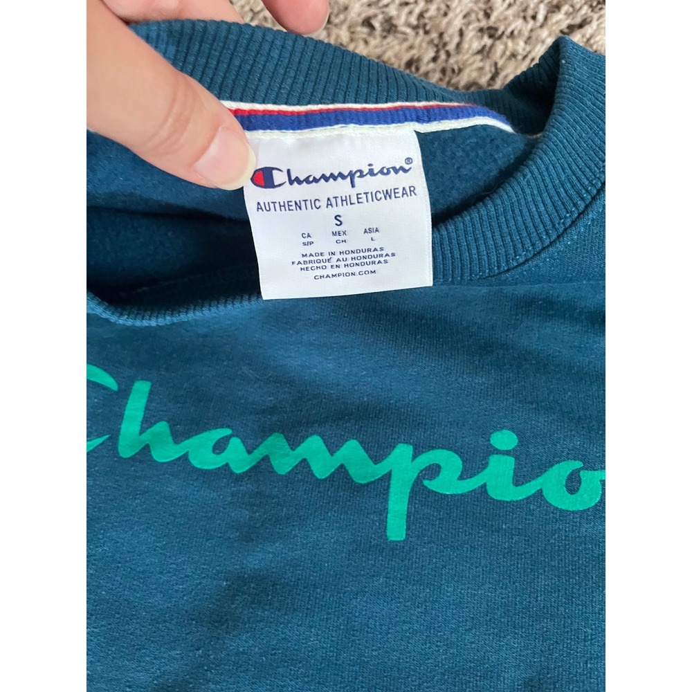 Champion Teal Blue Crewneck Sweatshirt GF535 Logo Fleece Pullover Small - Picture 5 of 7